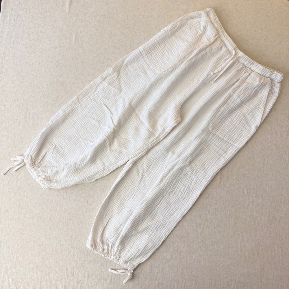Colsie Off White Textured Gauze Lounge Pants Cotton Joggers Tie Ankle Cream Med